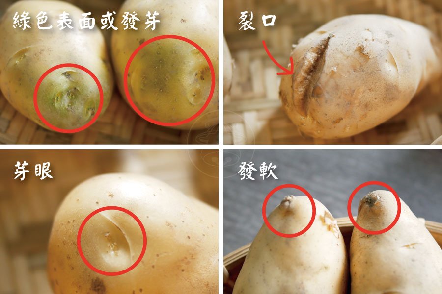 馬鈴薯可能遇到的問題如下： 1. 綠色表面或發芽：可能含龍葵鹼影響健康，建議不要食用。 2. 芽眼：馬鈴薯於發芽期會出芽的位置，只要沒有發芽都是可以食用的。 3. 裂口原因：塊莖快速生長時膨脹裂開，不影響食用。 4. 發軟：吹風或是水分散失，不影響食用。